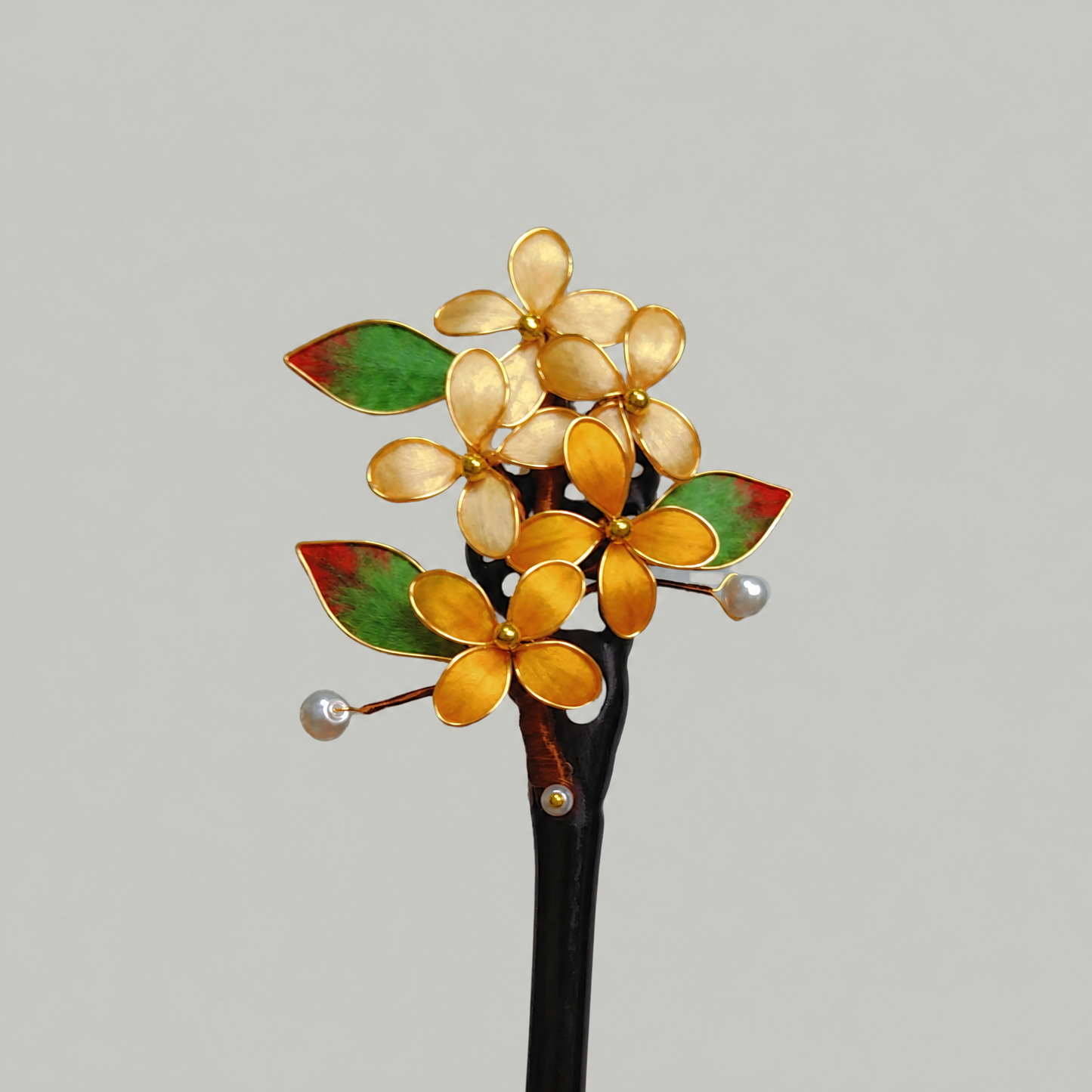 Green & Gold Floral Enamel Hairpin – Elegant Botanical Hair Accessory