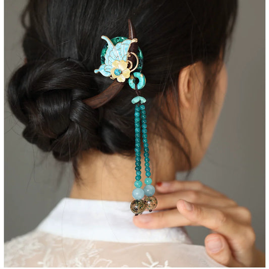 Crescent Moon Butterfly Ebony Hairpin – New Chinese Style Blue Shell Tassel Hair Stick