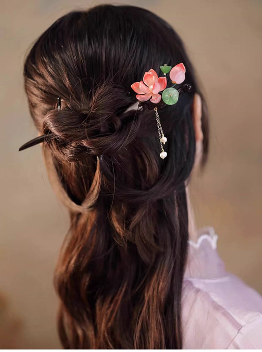 Bubu Sheng Lian Glass Lotus Tassel Ebony Hairpin – Hanfu & Cheongsam Hair Accessory