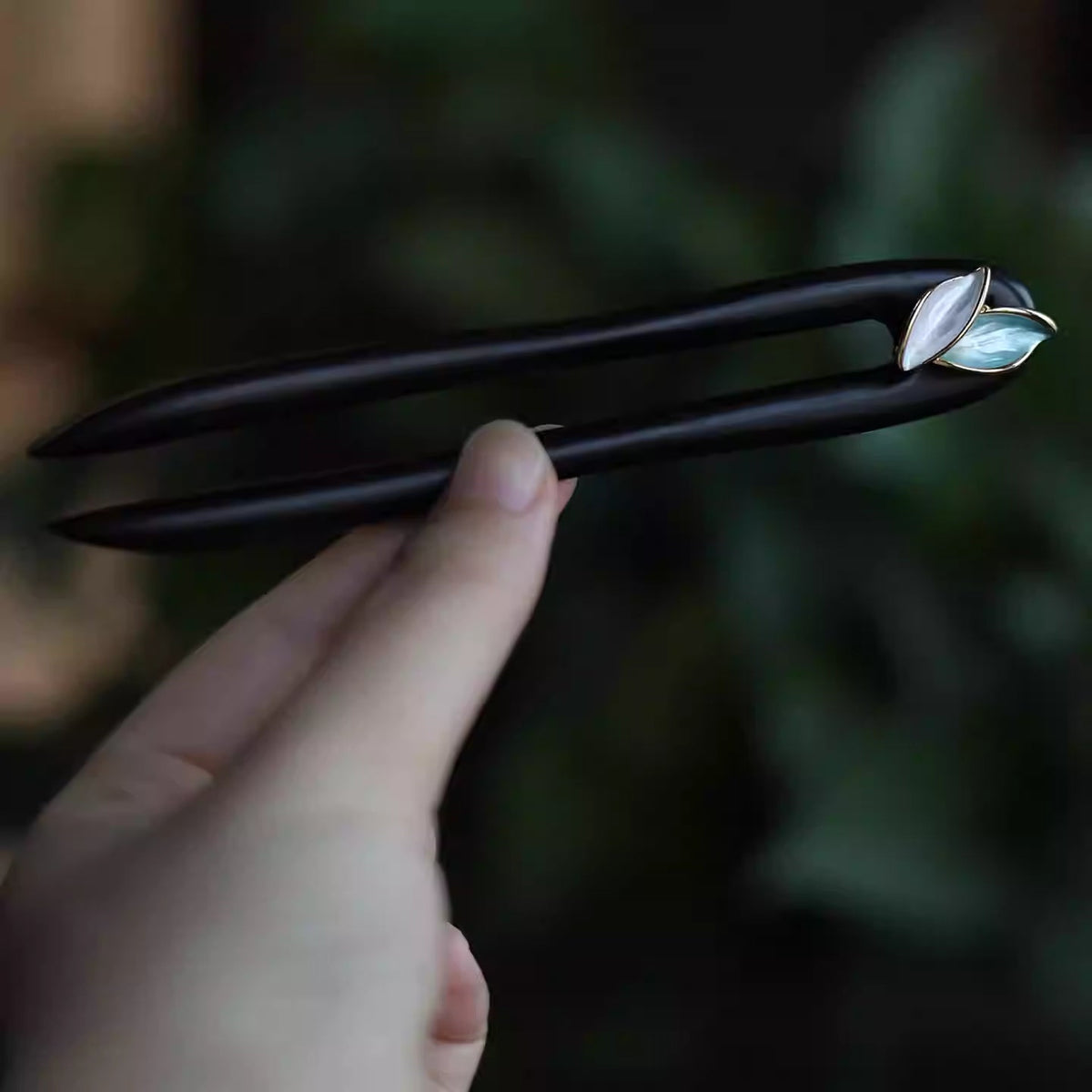 Ebony Wood U-Shaped Leaf Hairpin- Handmade Luxury Hair Stick