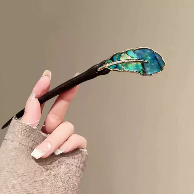 Elegant Chinese Ebony Wood Hair Pin with Lake Green Shell Fan Design for Women