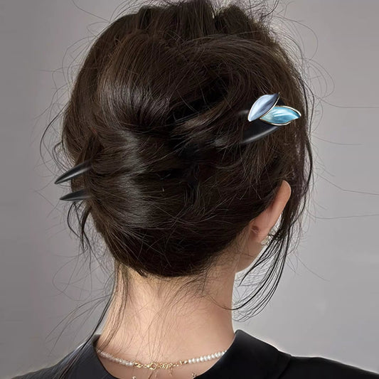 Ebony Wood U-Shaped Leaf Hairpin- Handmade Luxury Hair Stick