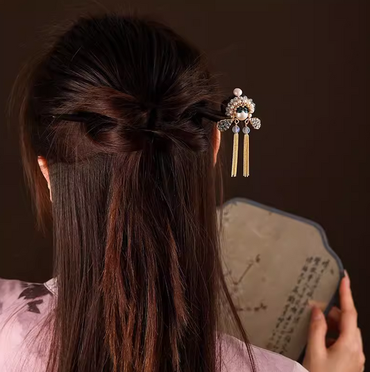 Daomadan Peking Opera Blackwood Tassel Hairpin – Traditional Chinese Fine Craft Hair Accessory with Pearl Accents