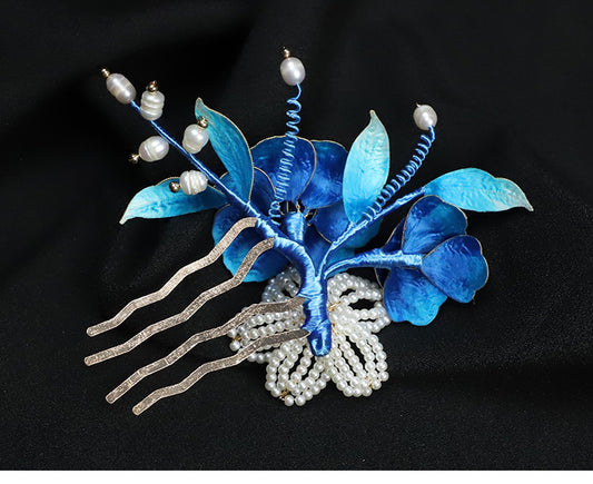 Handcrafted Intangible Heritage Silk‑Wrapped Camellia Hair Comb | Pearl Tassel Chinese Hanfu Qipao Wedding Hair Accessory