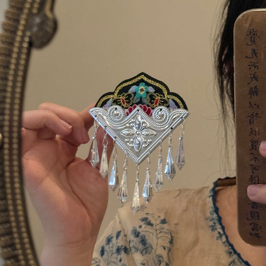Handcrafted Miao Silver & Embroidered Hair Clip - Ethnic Chinese Traditional Jewelry