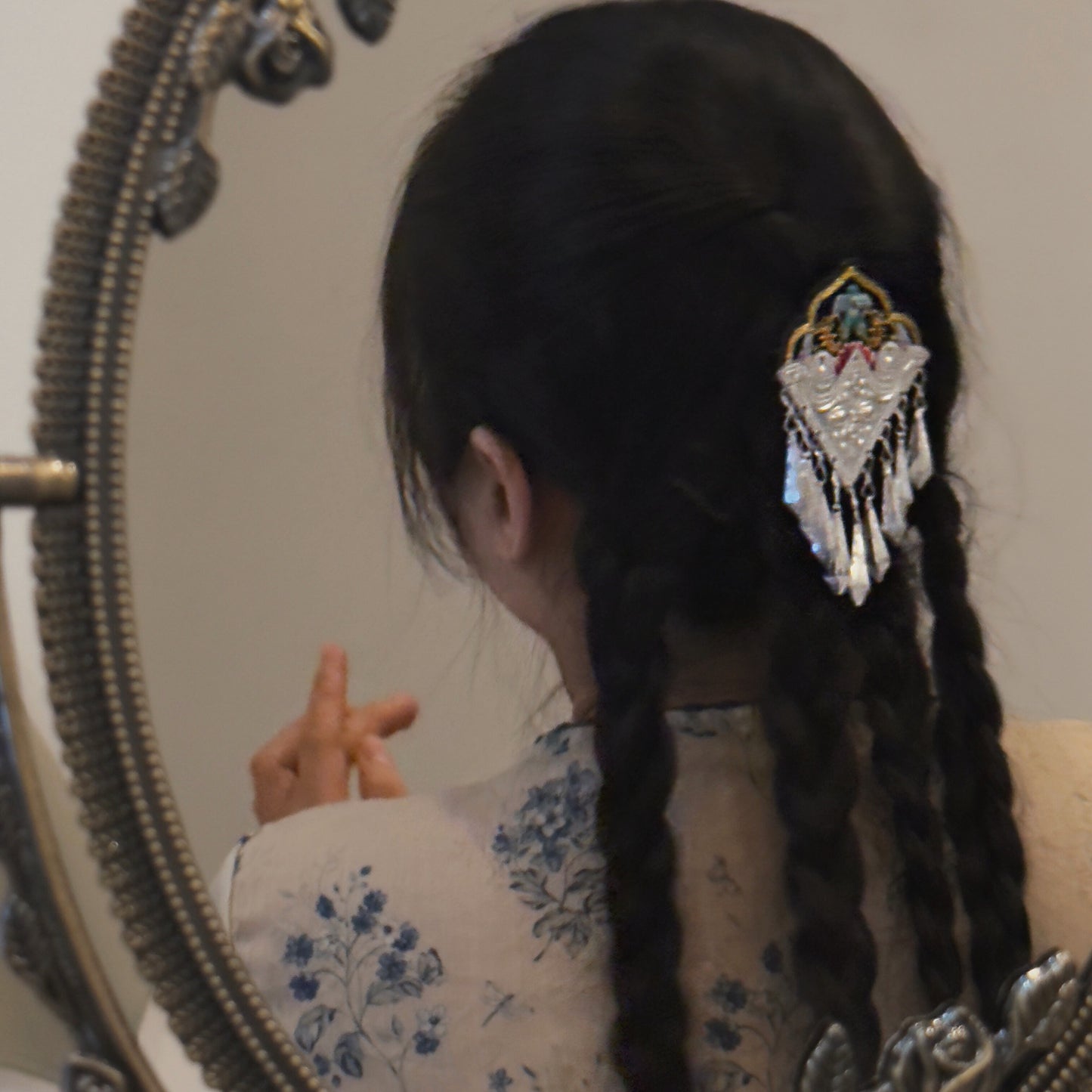 Handcrafted Miao Silver & Embroidered Hair Clip - Ethnic Chinese Traditional Jewelry