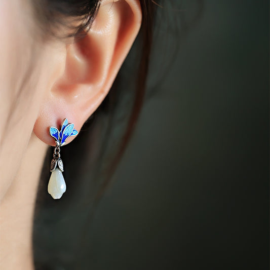 Magnolia jade-style drops earrings, close detail