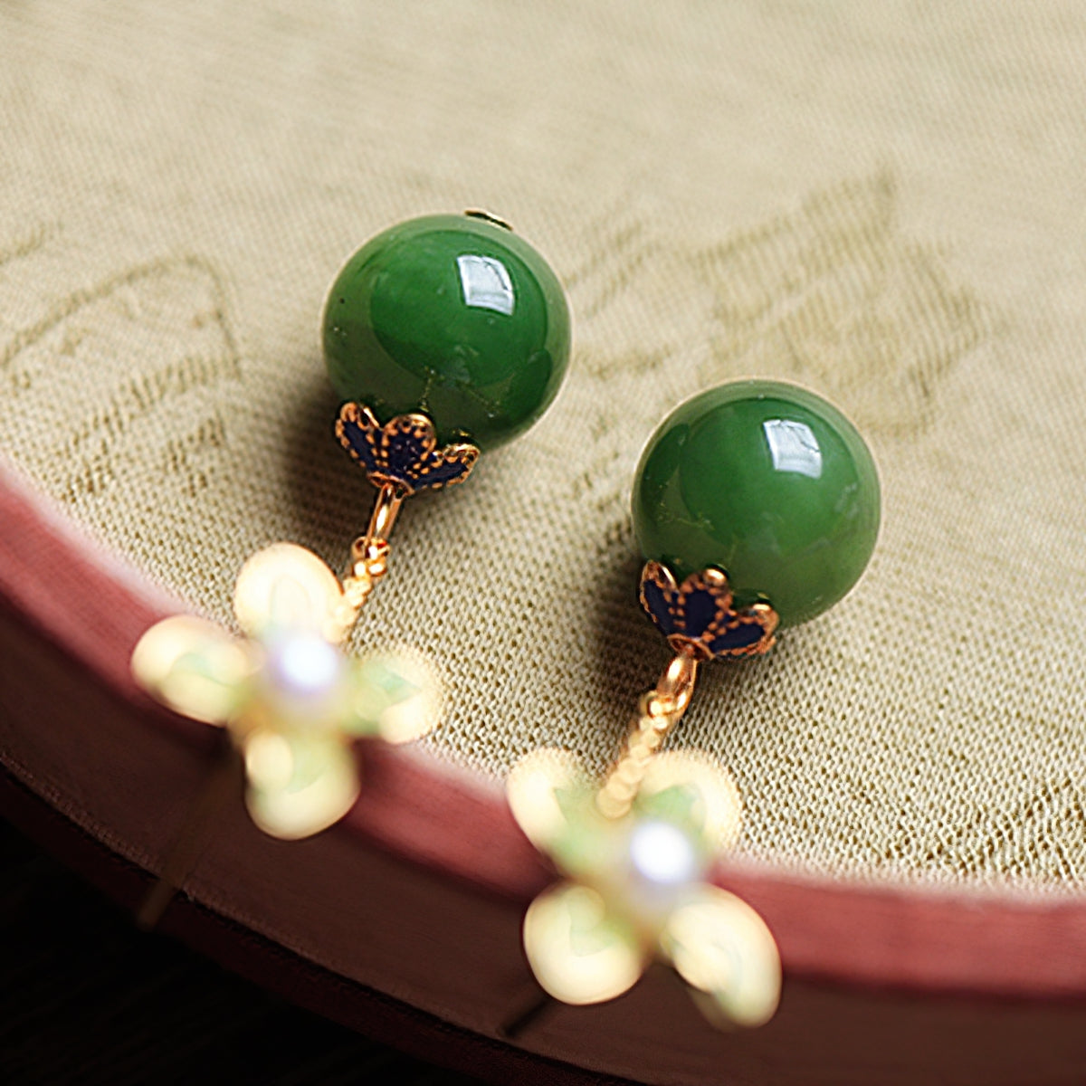 Jade-style silver-tone drops earrings, paired display