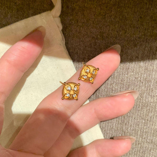 S925 Sterling Silver Gold Plated Floral Crystal Stud Earrings