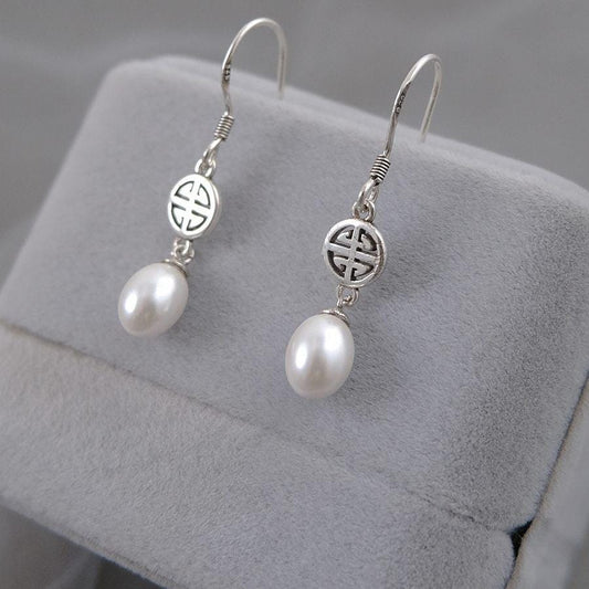 S925 Sterling Silver Double Happiness Pearl Drop Earrings