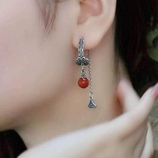 Red Agate Asymmetric Long Dangle Chinese Style Earrings