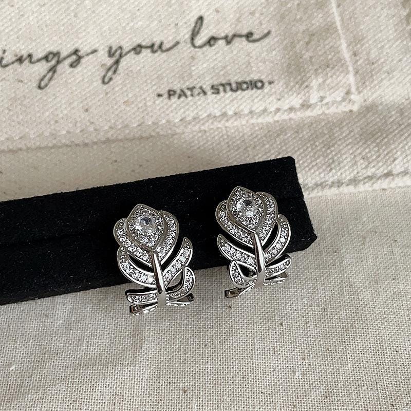 Sterling Silver Leaf Crystal Stud Earrings