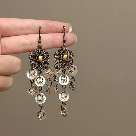 Vintage Metal Shell Long Tassel Fringe Earrings