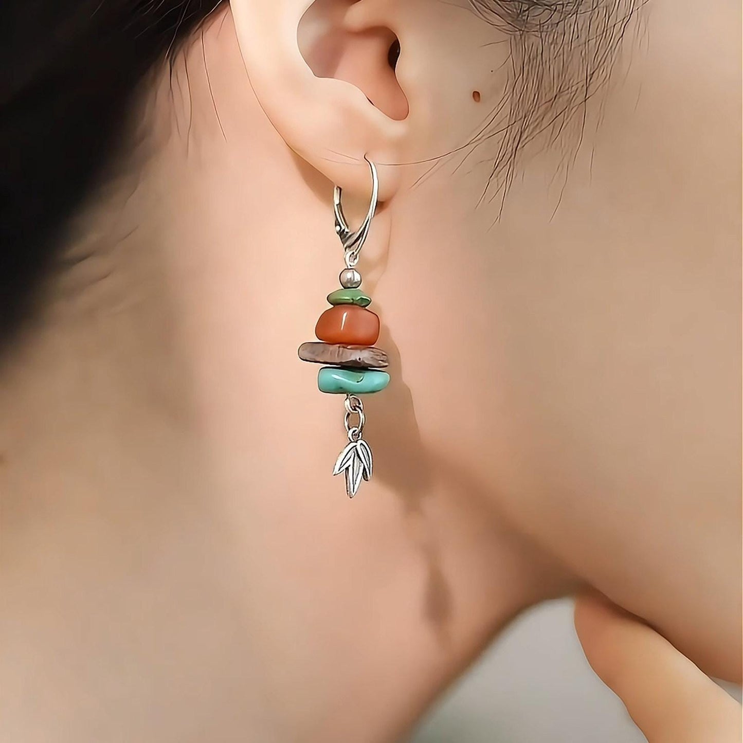 Red Agate Asymmetric Long Dangle Chinese Style Earrings