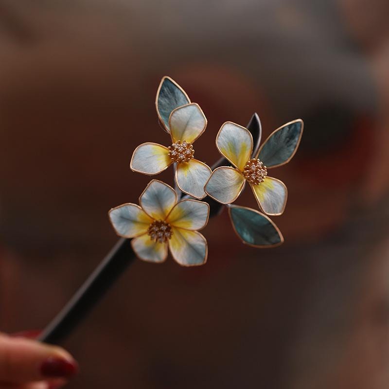 Handmade Enamel Flower Hair Stick Ebony Kingfisher Pearl
