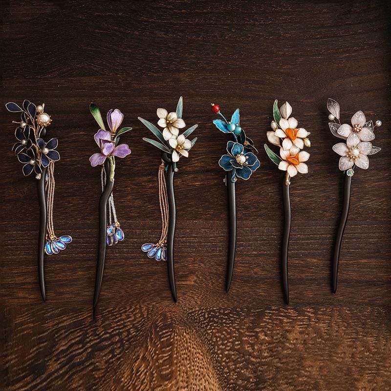 Handmade Ebony Wood Hair Stick | Blue Hydrangea Butterfly Artisan Pin