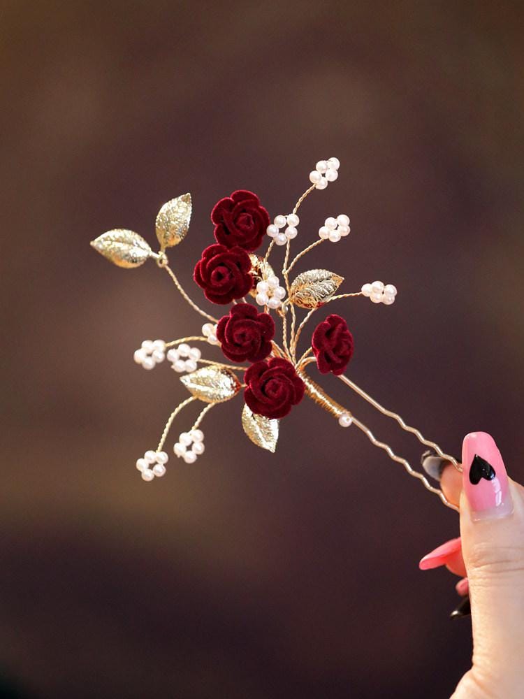 Red Camellia Bridal Hair Clip Ronghua Velvet Flower