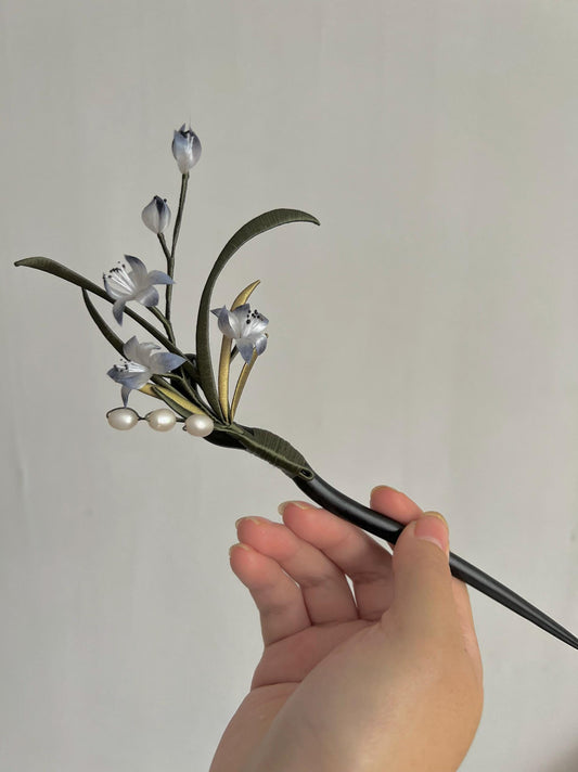 Hand‑Wrapped Silk Orchid Hair Stick, Black Wood Hairpin with Pearls