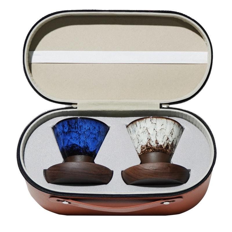 Ceramic Coffee Cup Set with Walnut Base