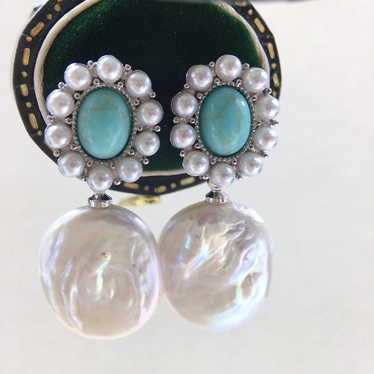 Handmade Turquoise Baroque Pearl Drop Earrings Vintage Gold Silver Bridal