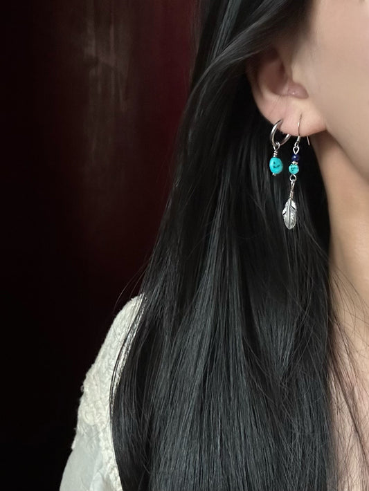 S925 Asymmetrical Feather Drop Earrings with Green Stone