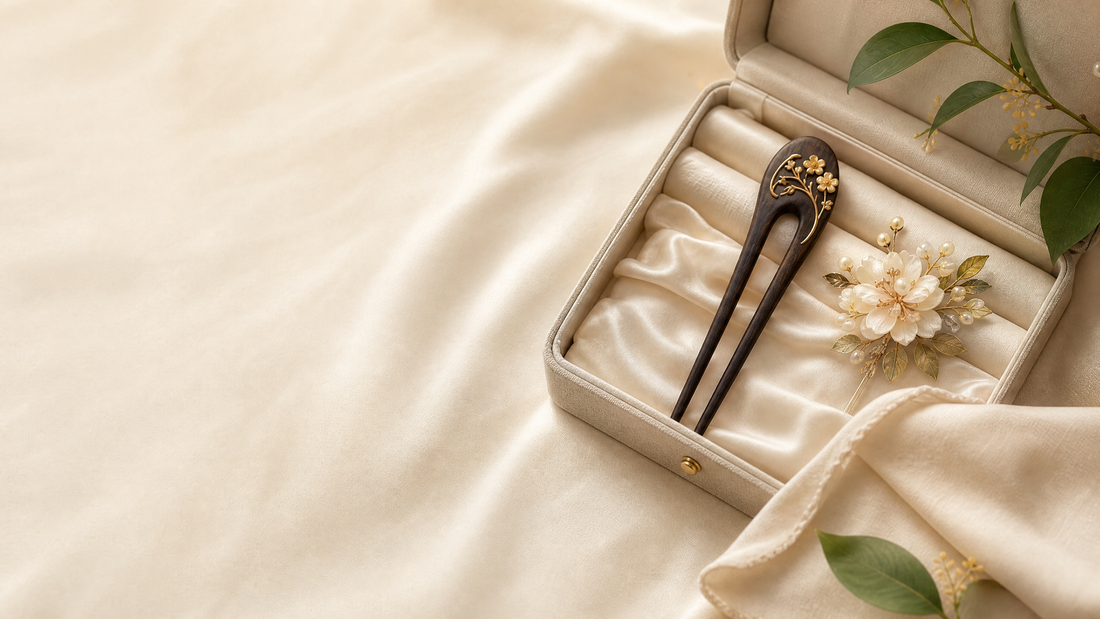 A dark hairpin and decorative flower accessory stored in a cloth-lined box.