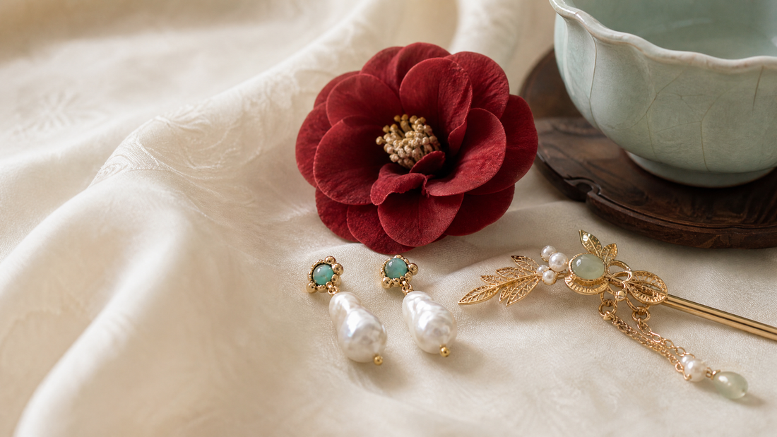 Chinese-inspired wedding gift still life with baroque pearl earrings, red camellia flower and artisan hair ornament