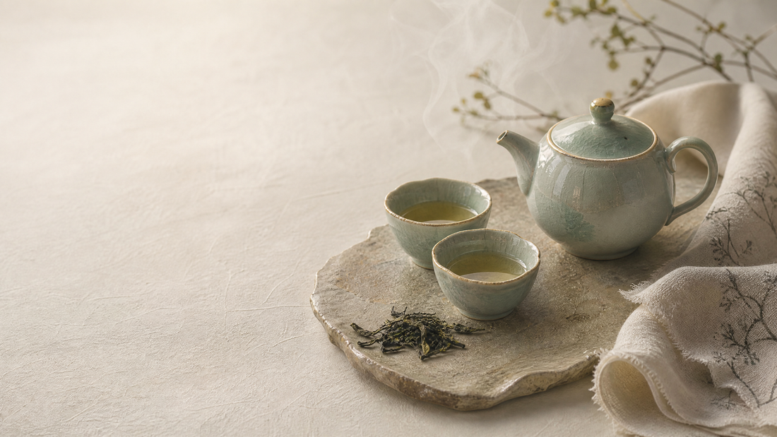 Celadon-style Chinese Gongfu tea set with two cups and loose tea leaves on a stone tray