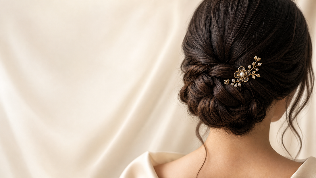 A floral pearl-inspired hairpin placed in a softly braided low bun.