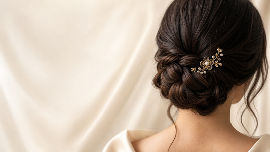 A floral pearl-inspired hairpin placed in a softly braided low bun.