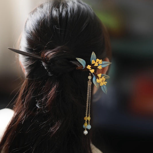 Handmade ebony wood osmanthus flower hair stick for buns and Chinese-inspired hair styling