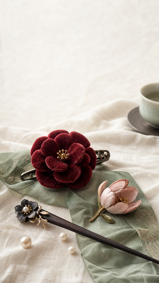 Red Ronghua-inspired velvet flower clip, blush silk flower brooch and dark wood hair stick arranged on ivory silk