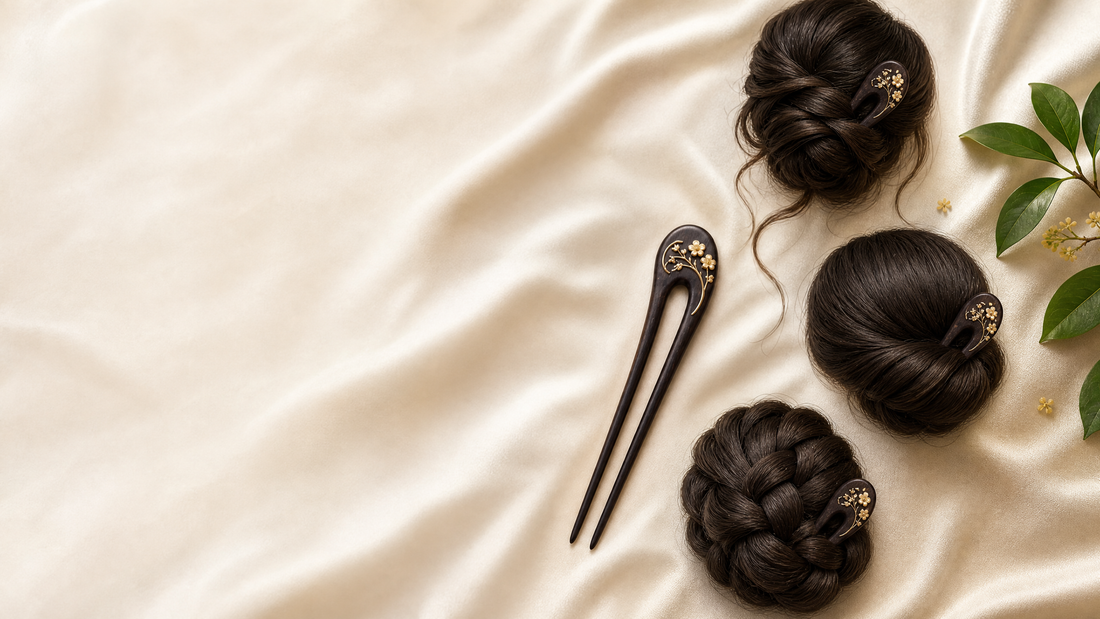 Dark hair accessories shown with styling examples for a compact bun, a low bun, and a braided bun.