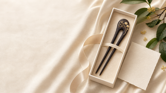 A dark floral hairpin presented in an ivory gift box with ribbon.