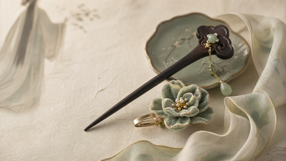 Handmade dark wood hair stick and velvet Ronghua flower hair clip on ivory silk