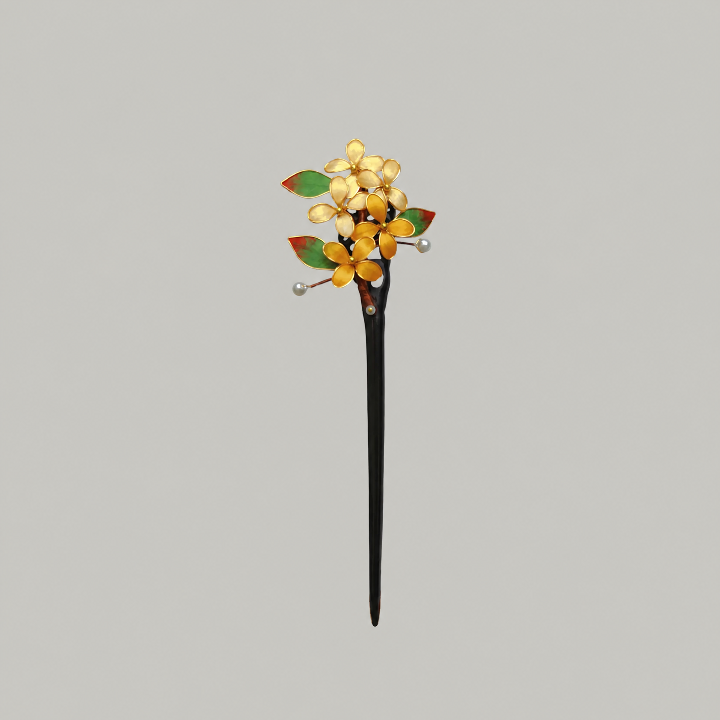 Green & Gold Floral Enamel Hairpin – Elegant Botanical Hair Accessory