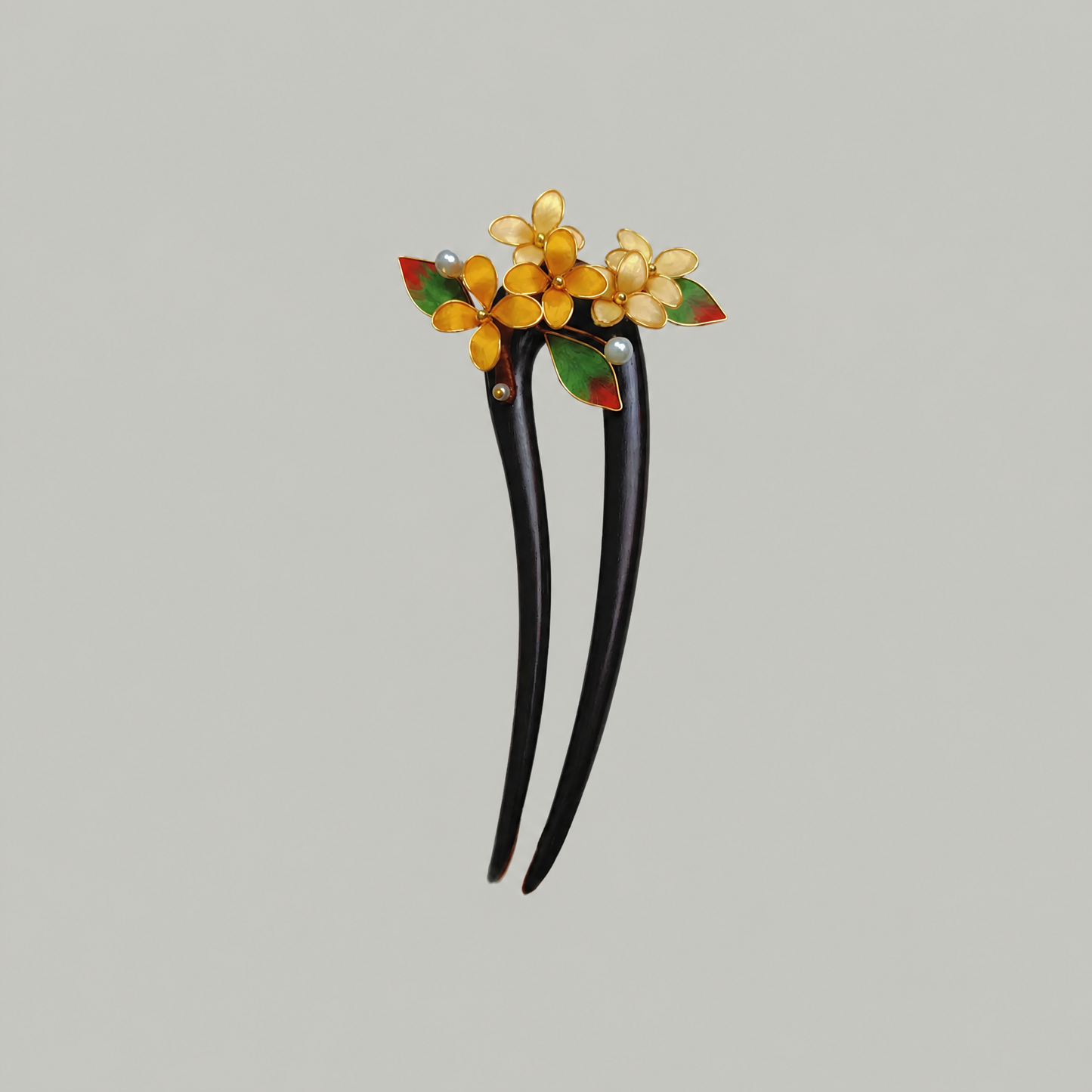 Green & Gold Floral Enamel Hairpin – Elegant Botanical Hair Accessory