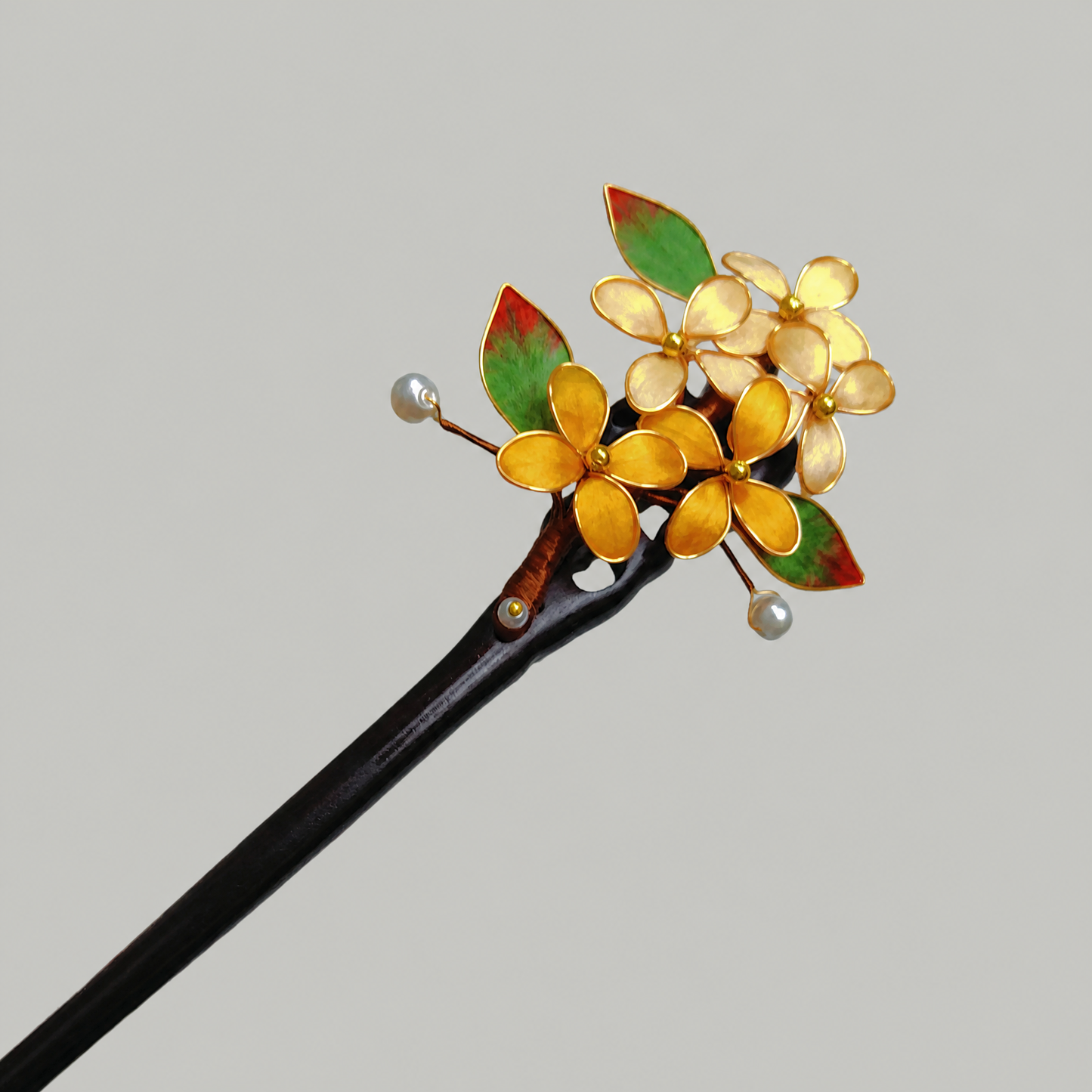 Green & Gold Floral Enamel Hairpin – Elegant Botanical Hair Accessory