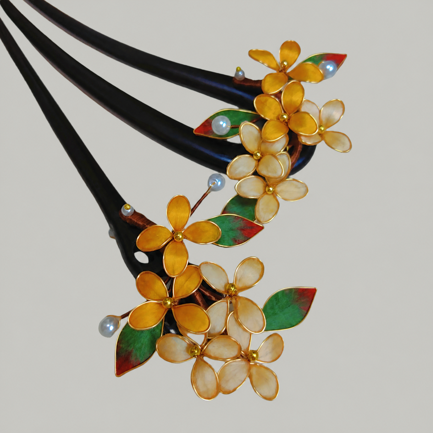Green & Gold Floral Enamel Hairpin – Elegant Botanical Hair Accessory
