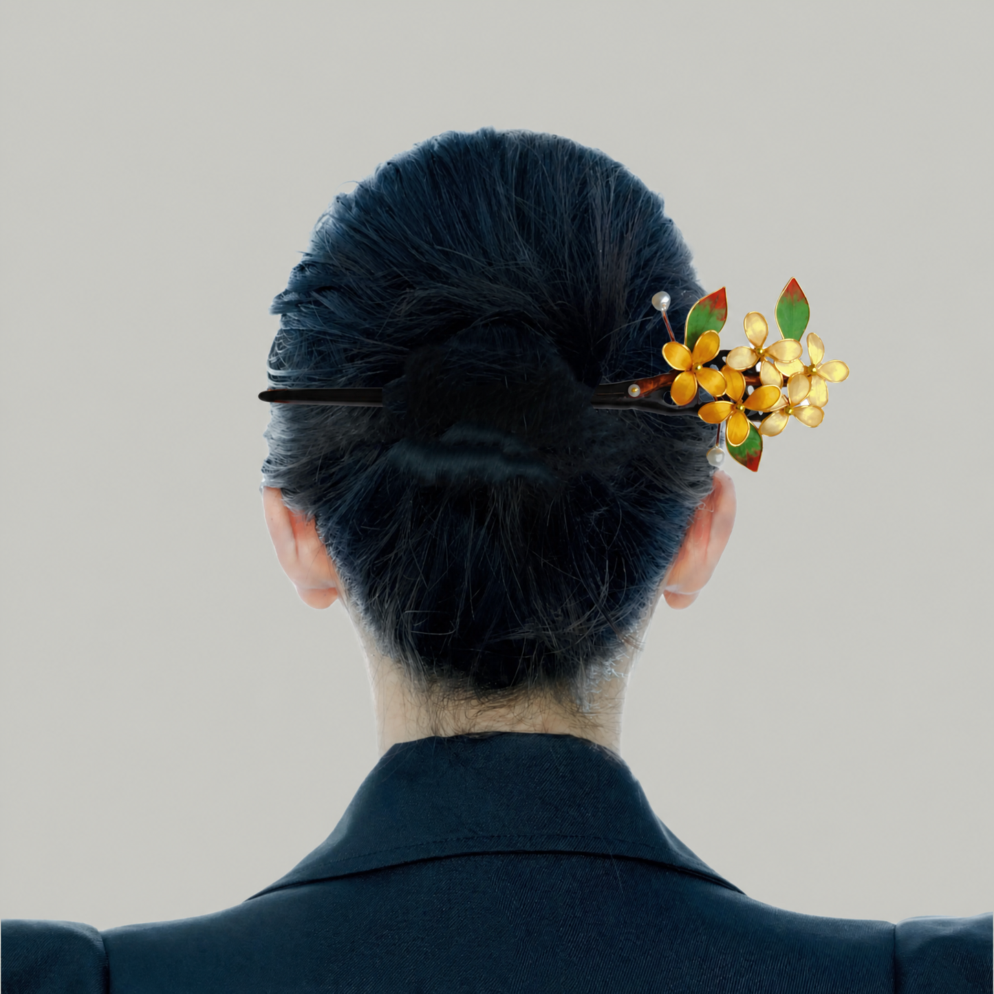 Green & Gold Floral Enamel Hairpin – Elegant Botanical Hair Accessory
