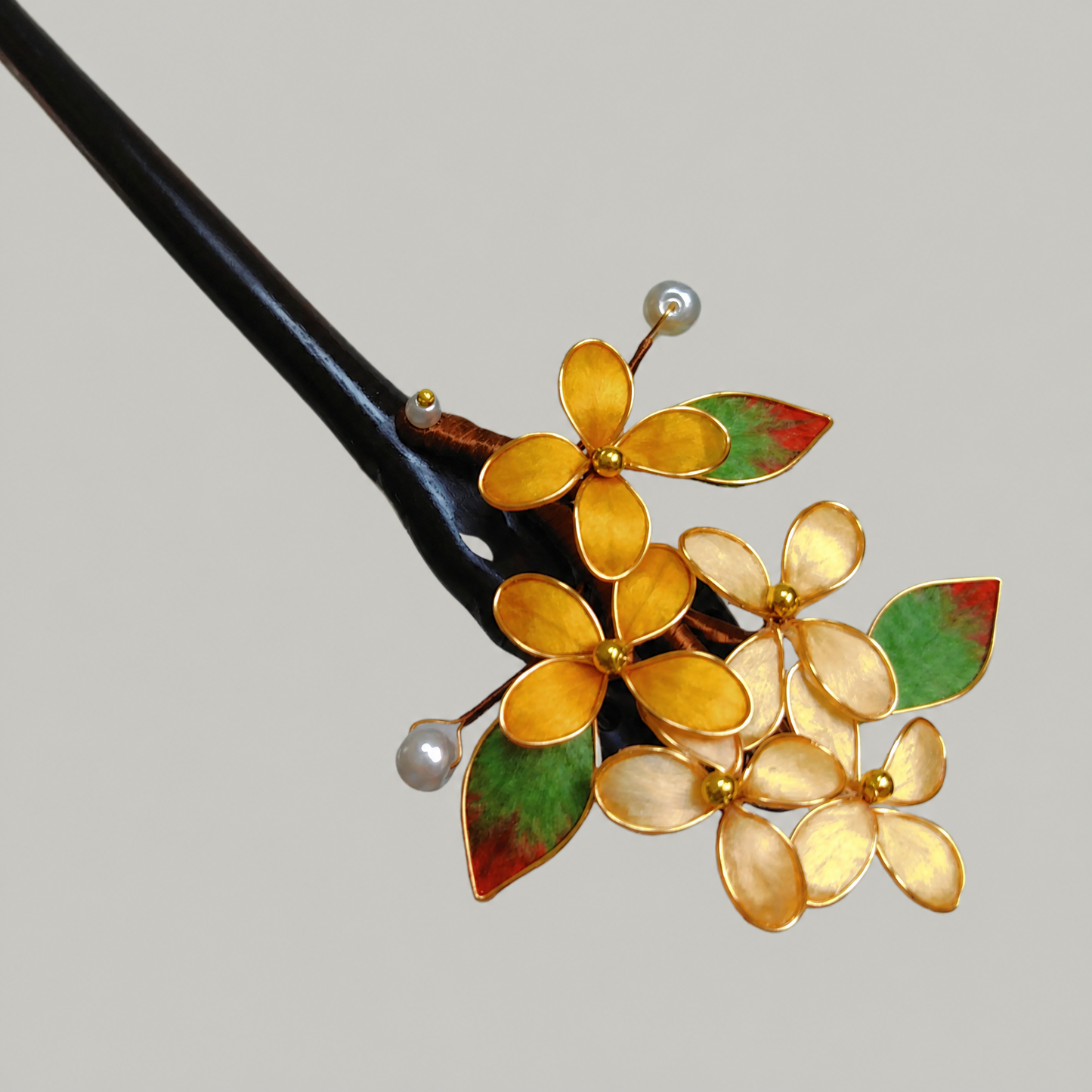 Green & Gold Floral Enamel Hairpin – Elegant Botanical Hair Accessory