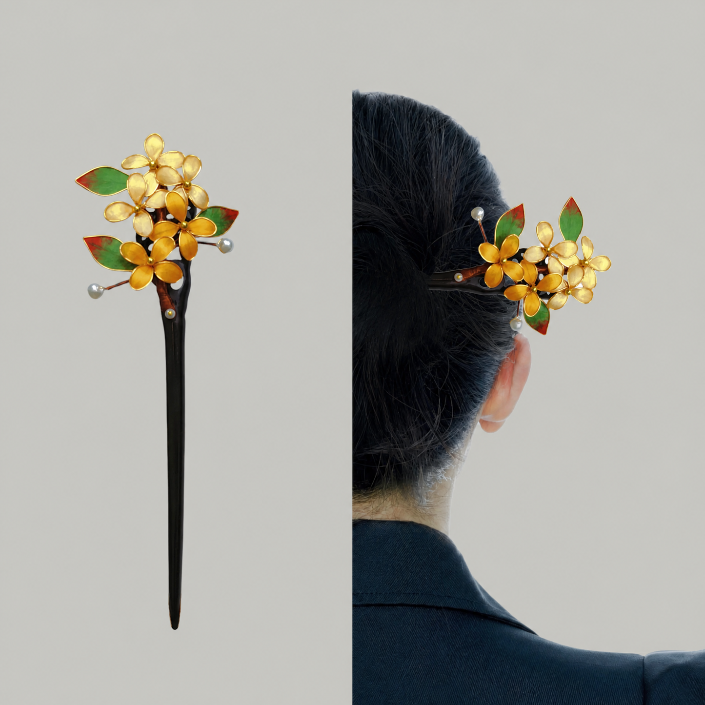 Green & Gold Floral Enamel Hairpin – Elegant Botanical Hair Accessory