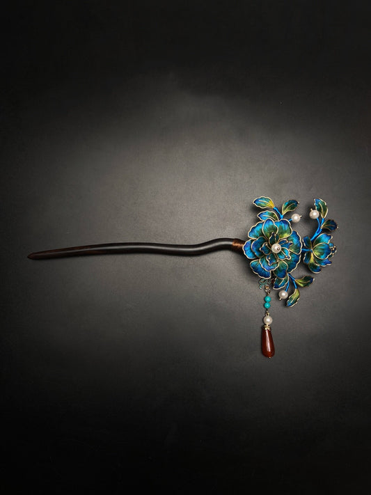 Handmade Floral Chan Hua Hairpins, Black Wood Silk Wrapped Peony Camellia Hairpin with Pearls & Red Agate