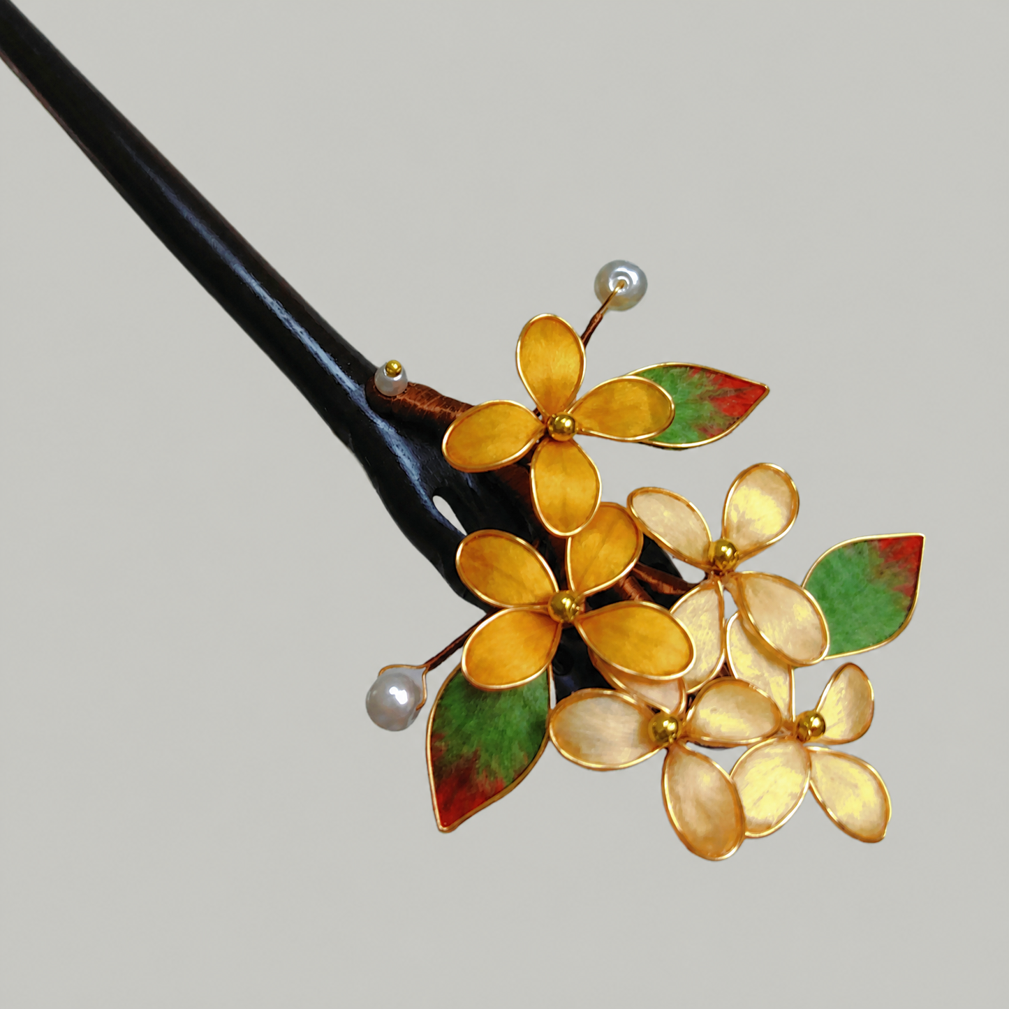 Green & Gold Floral Enamel Hairpin – Elegant Botanical Hair Accessory