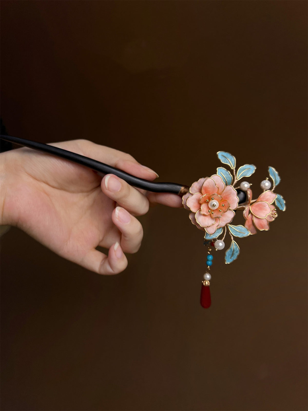 Handmade Floral Chan Hua Hairpins, Black Wood Silk Wrapped Peony Camellia Hairpin with Pearls & Red Agate