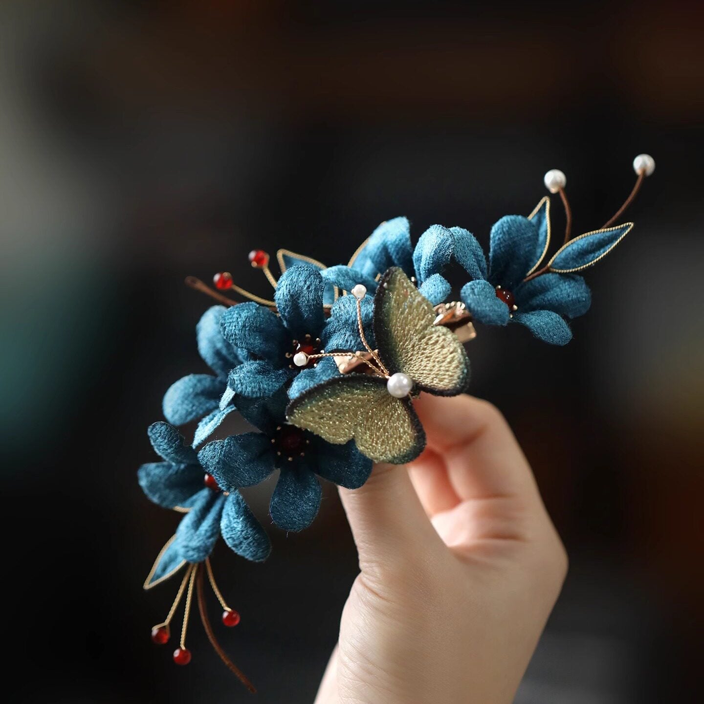 Handmade Peacock Blue Velvet Flower Butterfly Hair Clip | Whisper of Craft