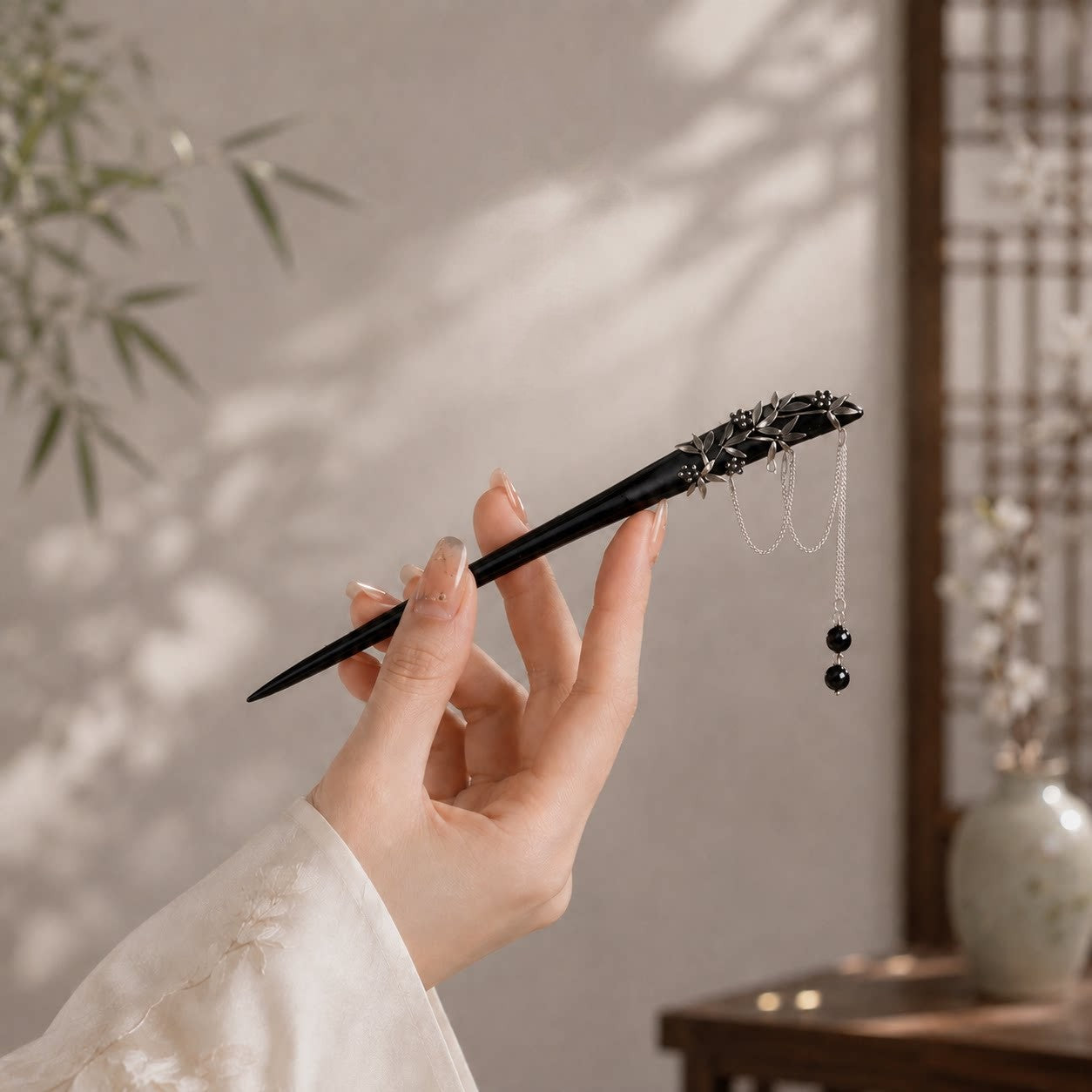 Black Sandalwood Bamboo Tassel Hair Stick, Vintage Chinese Hanfu Hairpin