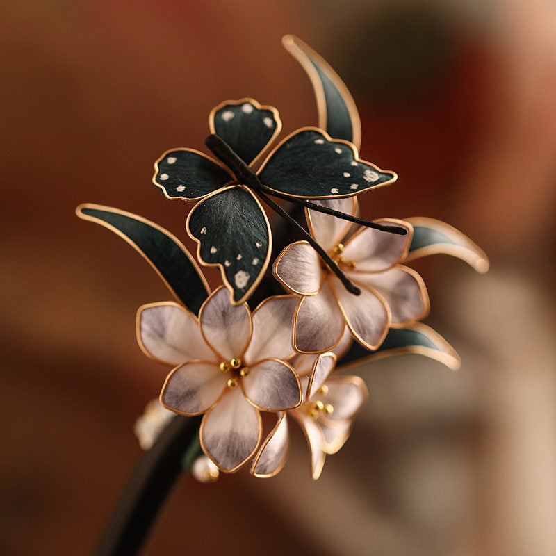 Handmade Butterfly Flower Chan Hua Hair Accessories , Black Wood Silk Wrapped Hair Stick, U-Shaped Hair Fork & Hair Clip,