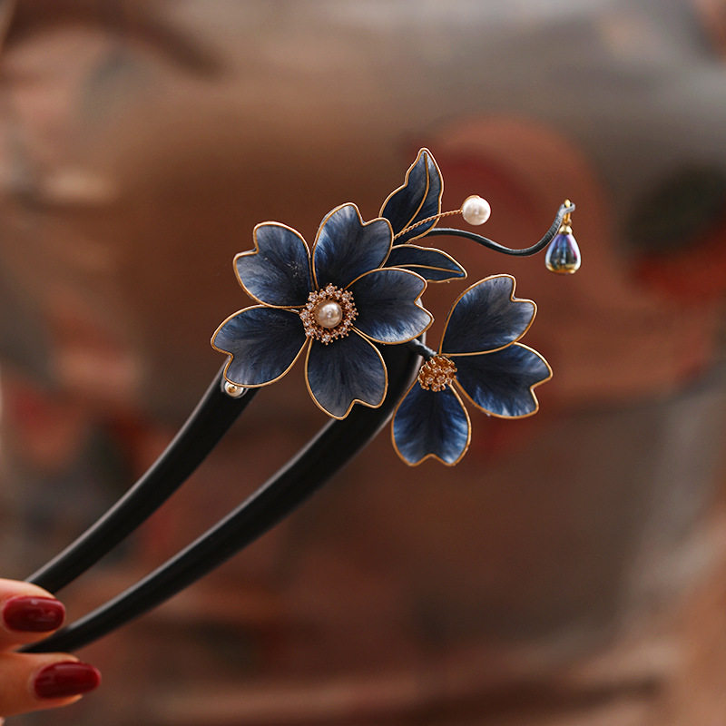 Handmade Navy Blue Flower Chan Hua Hair Accessories Set, Black Wood Silk Wrapped Hair Stick, U-Shaped Hair Fork & Hair Clip