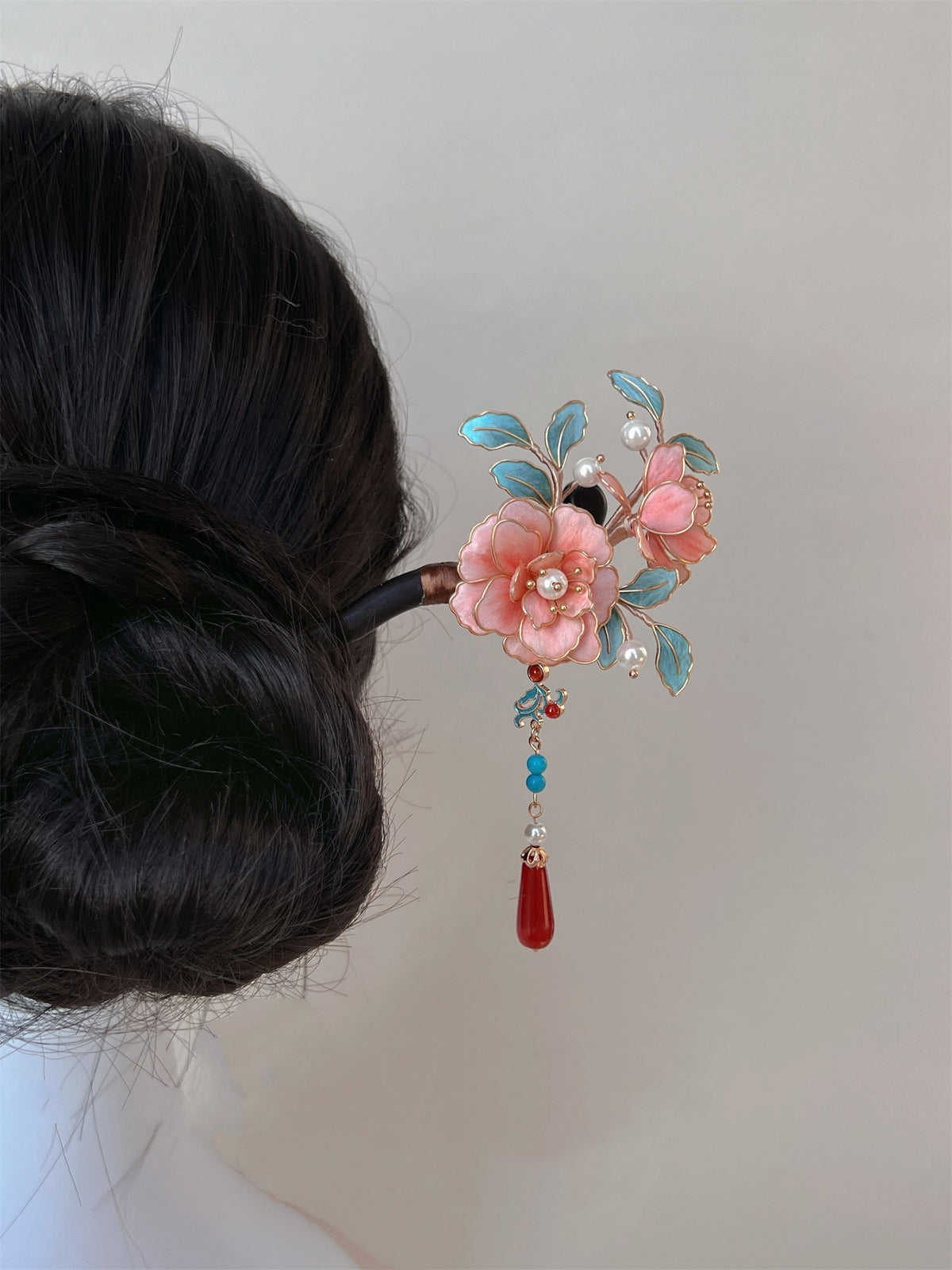 Handmade Floral Chan Hua Hairpins, Black Wood Silk Wrapped Peony Camellia Hairpin with Pearls & Red Agate